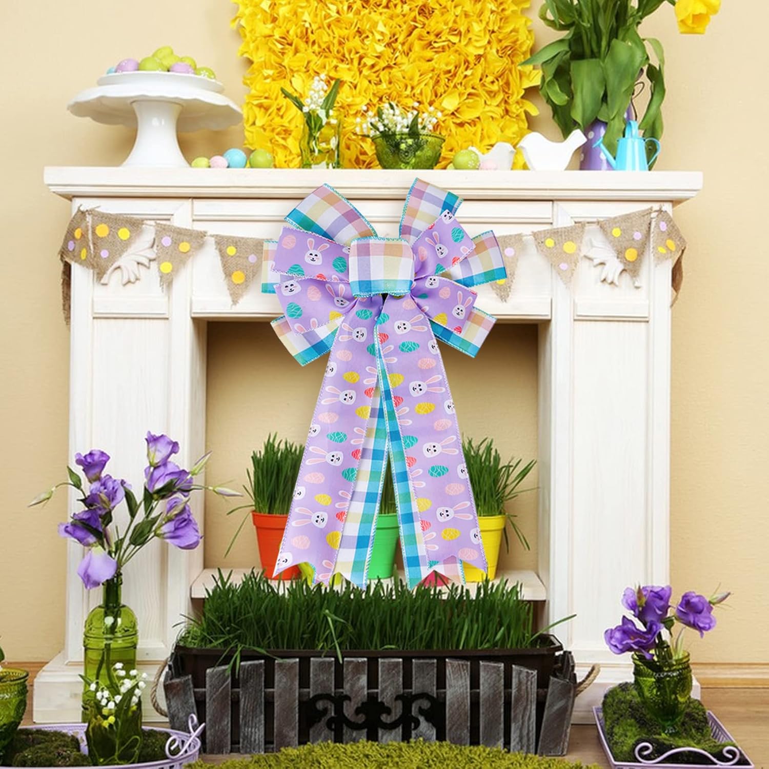 SIMISI Ribbon Easter Wreath Bow - Large Burlap Wired Bow with Bunny Eggs | Perfect for Door & Party Decor (11x17.7 Inch)