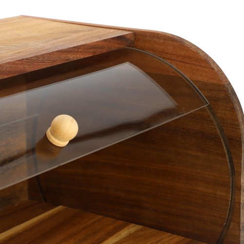 Elama Acacia Wood Bread Box with Clear Sliding Plastic Lid, Rustic Kitchen Counter Storage for Bread, Pastries, Buns & Snacks - Natural Wooden Bread Bin