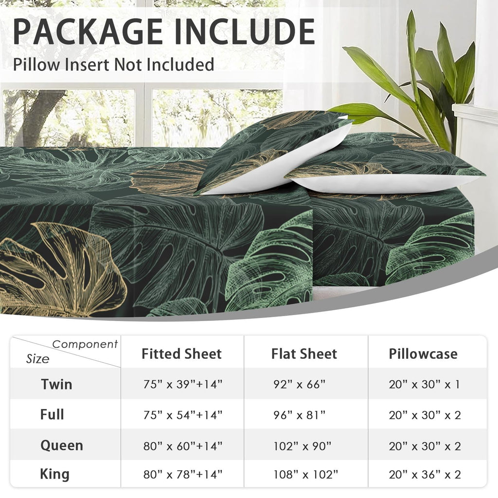 WeCozy Queen Size Bed Sheet Sets with Pillowcases, Green Golden Tropical 4 Pcs Soft Microfiber Bedding for Kids and Adults, Leaves Monstera Palm Flat, Fitted Sheet for Bedroom Bed Decor