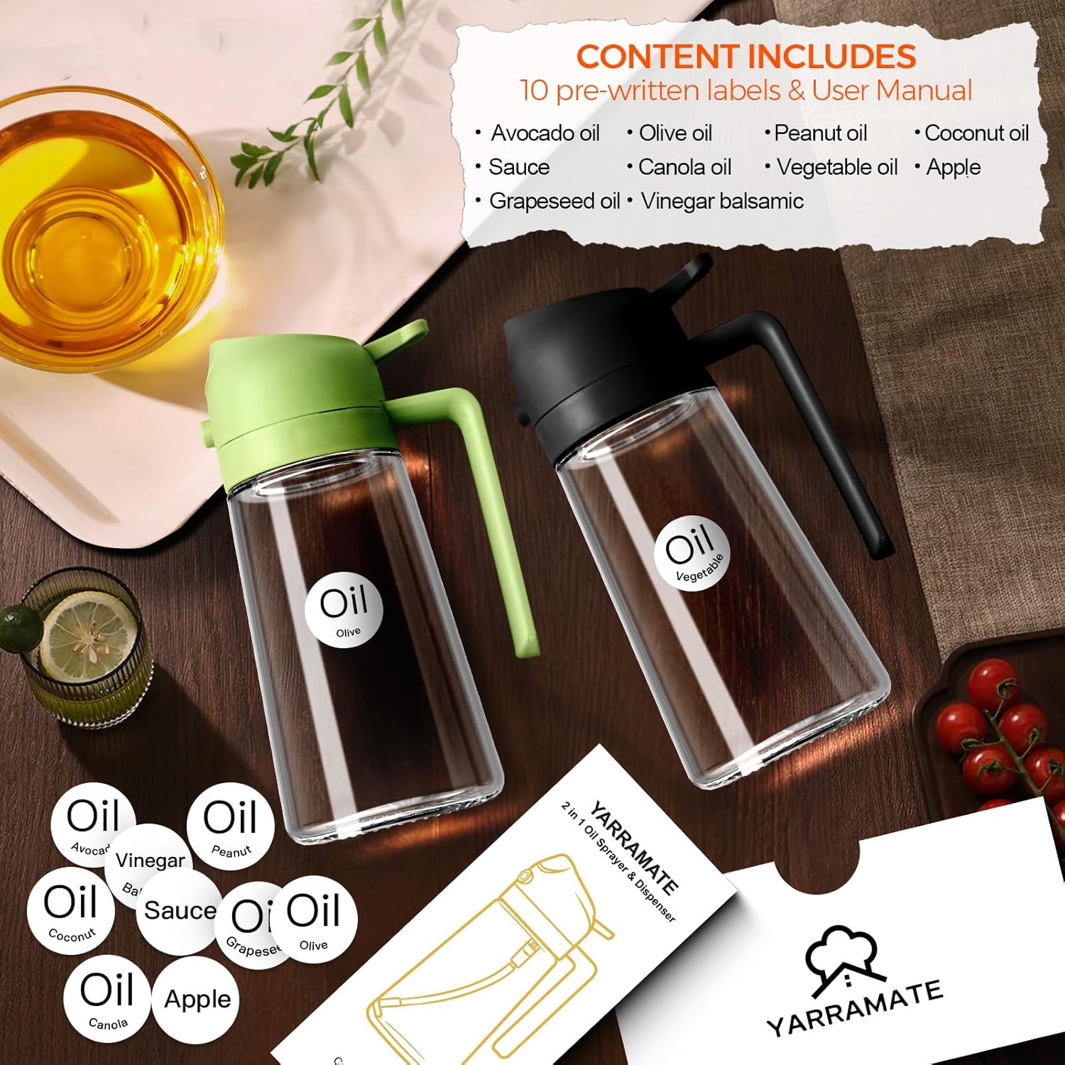 YARRAMATE Glass Olive Oil Sprayer - 16oz with 10 Color Labels - Sleek Black Design