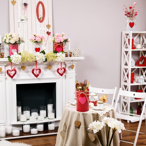 Domensi 6 Pcs Valentine's Day Vases Decor Valentines Table Centerpiece Red Pink Heart Galvanized Metal Vases for Flowers Utensil Holder Jar for Kitchen Home Wedding Galentine's Day Party Decorations