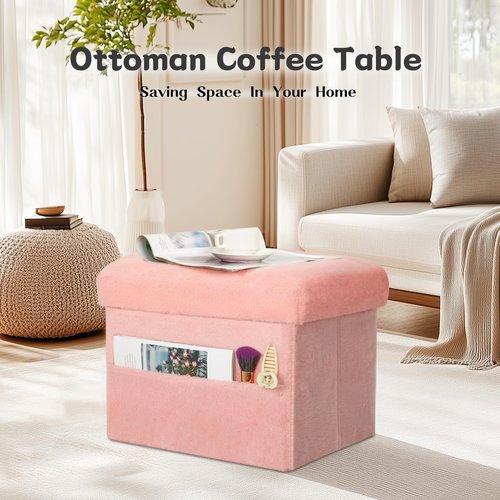 FaiPue Storage Ottoman, Folding Ottoman Foot Rest Stool with Thicker Furry Padded Seat. Soft Fur Small Ottoman Bench with Storage for Bedroom Living Room, Holds Up to 300 lbs, 17x13x13IN (Pink)