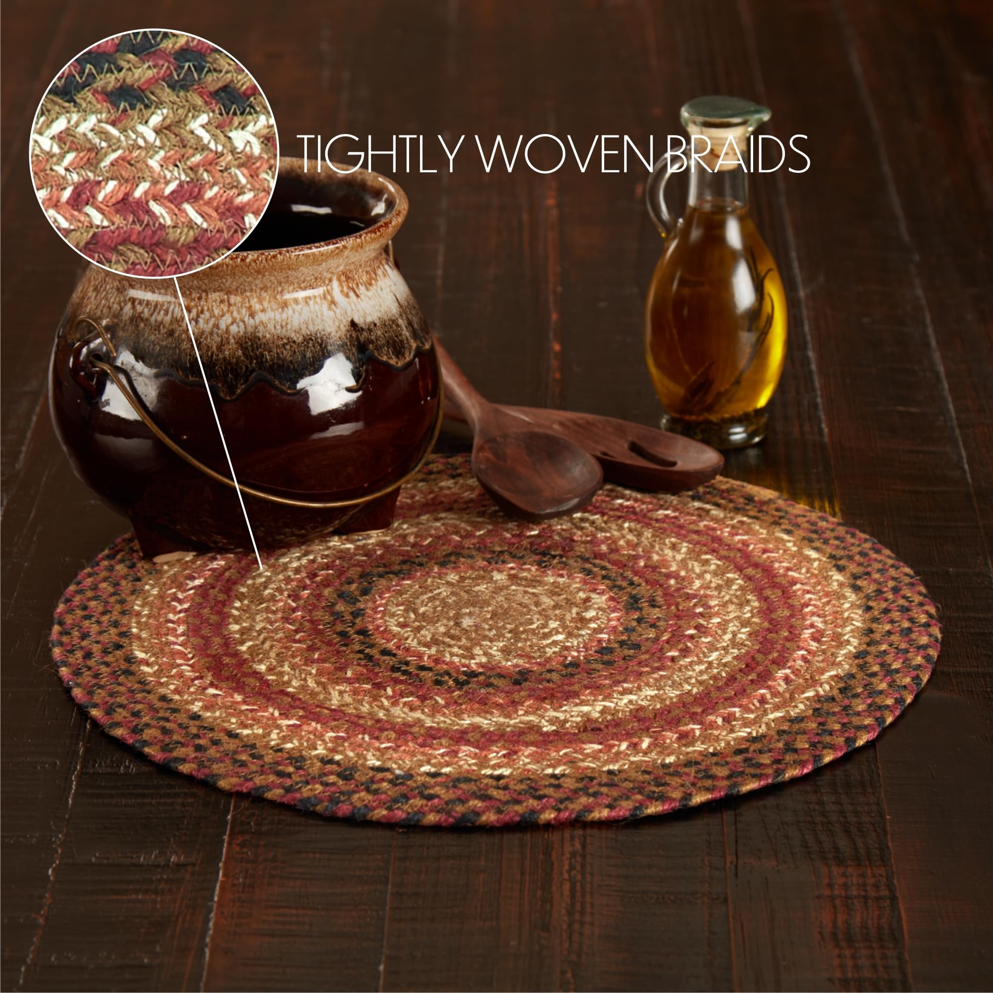VHC Brands Ginger Spice Trivet Hot Pad for Pots Pans, Orange Red Natural, Jute Blend, Round Circle, 15 Inches
