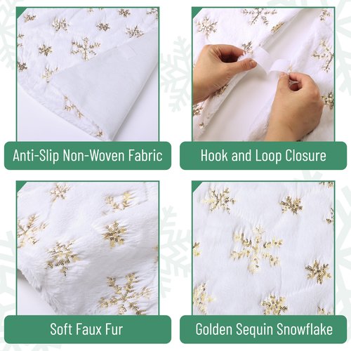 Mr. Pen White Faux Fur Christmas Tree Skirt, 36 inches, Gold Snowflakes