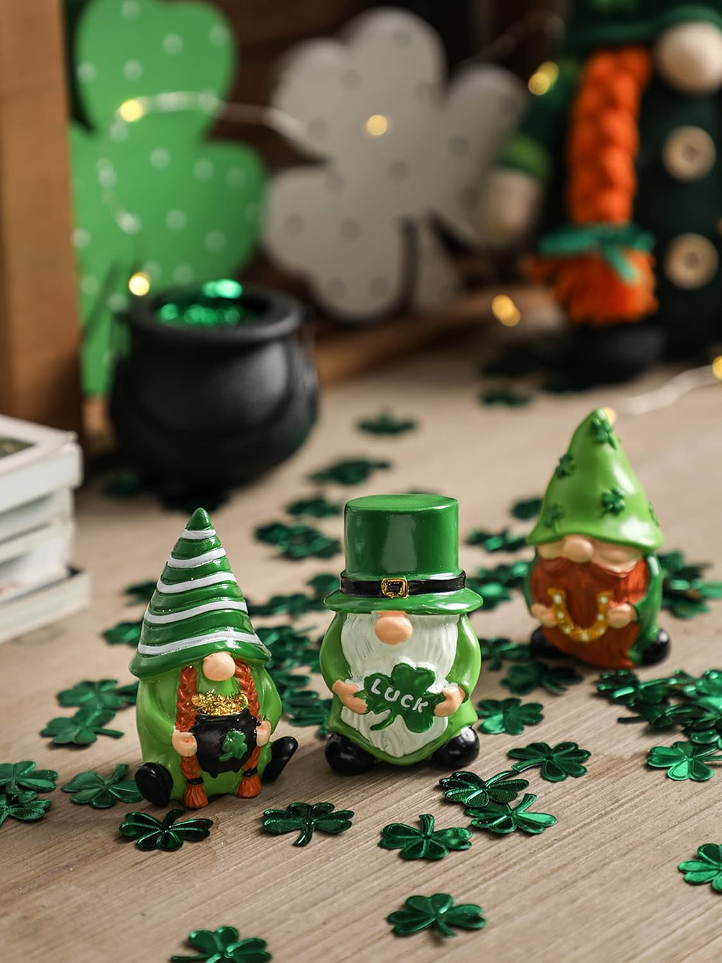 St. Patrick's Day Gnome Decor - 3Pcs Lucky Resin Gnome Ornaments for Tiered Tray | Home Table & Shelf Decor