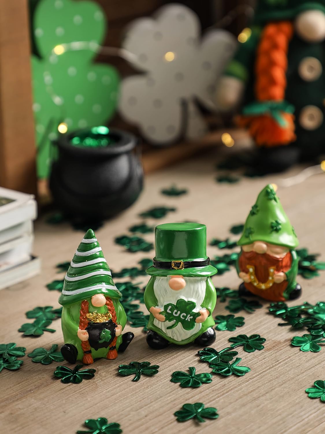 St. Patrick's Day Gnome Decor - 3Pcs Lucky Resin Gnome Ornaments for Tiered Tray | Home Table & Shelf Decor