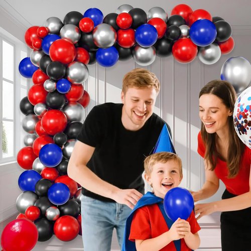 Red Theme Borthday Party Decorations Kit -Red Blue Black Latex Balloons Arch Garland with Web Backdrop for Boys Girls Kids