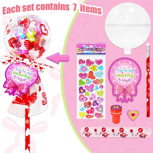 KPHNGB 28 Pack Valentines Gifts for Kids - Giant Lollipop-Shaped Class Stationery Set with Cards, Bulk Valentines Classroom Gifts for School Exchange Prizes