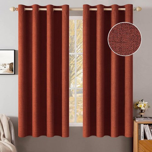 MIULEE Blackout Linen Curtains - 100% Thermal Insulated Burnt Orange Drapes | 52 x 63 Inch (2 Panels)