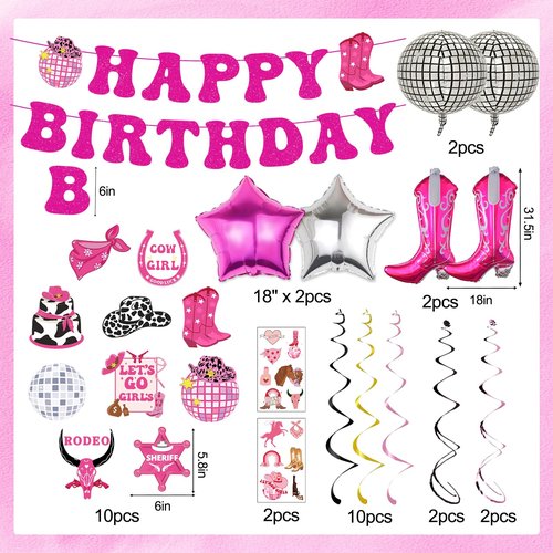 34pcs Disco Cowgirl Birthday Party Decorations, Western Cowgirl Party Decorations Hot Pink Happy Birthday Banner Disco Cowgirl Balloon Last Rodeo Bachelorette Party Decor Supplies for Women Girls