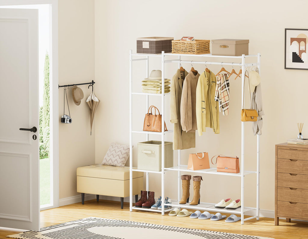 Wardrobe Closet,Portable Clothes Rack with 4 Tiers Shelves,Freestanding Closet Organizers and Storage System with Hanging Rods,Steel Clothing Rack Suitable for Cloakrooms,Bedrooms,Entrances,etc.White