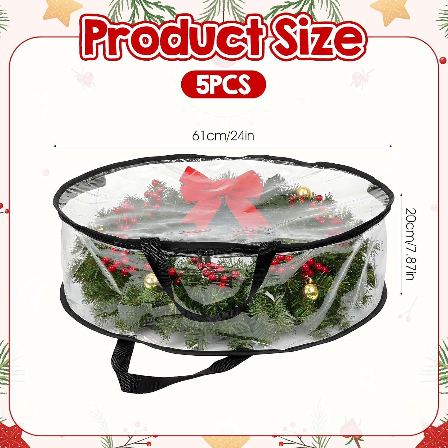 Regine Switzerland Wreath Storage Bags - 5 Pcs Waterproof PVC Containers for 24 x 8 Inch Christmas Wreaths | Black