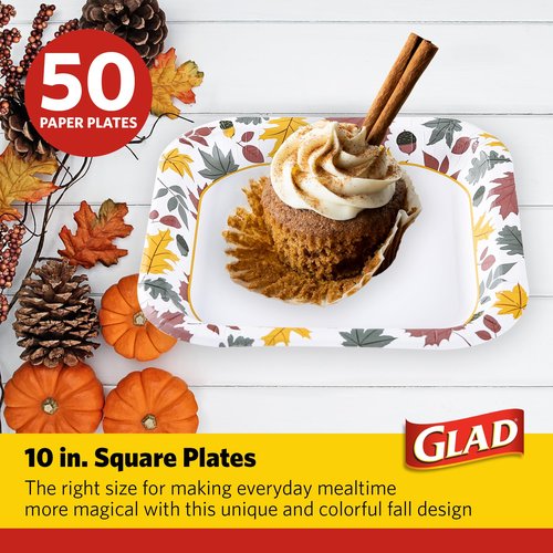 Glad Square Disposable Paper Plates, Falling Foliage Pattern - Strong, Sturdy, Soak Proof, and Microwavable Decorative Plates for Dinner and Everyday Use, 10 Inch, 50 Count
