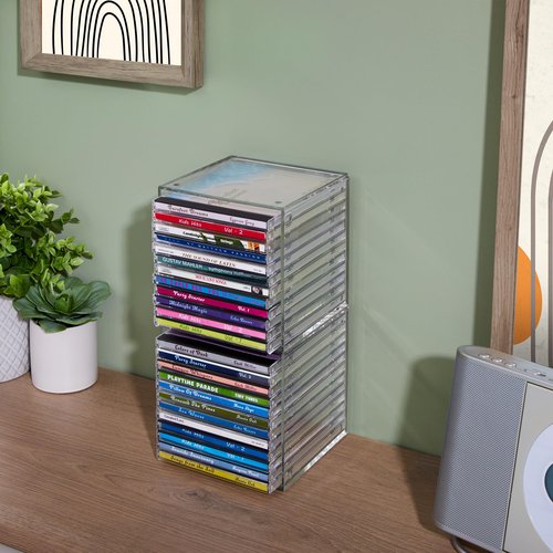 STORi Stackable Clear Plastic CD Organizers (2 Pack) Cube Jewel Case Holders Perfect for Theatre Room | Holds up to 12 CD Cases per Organizer | Made in USA