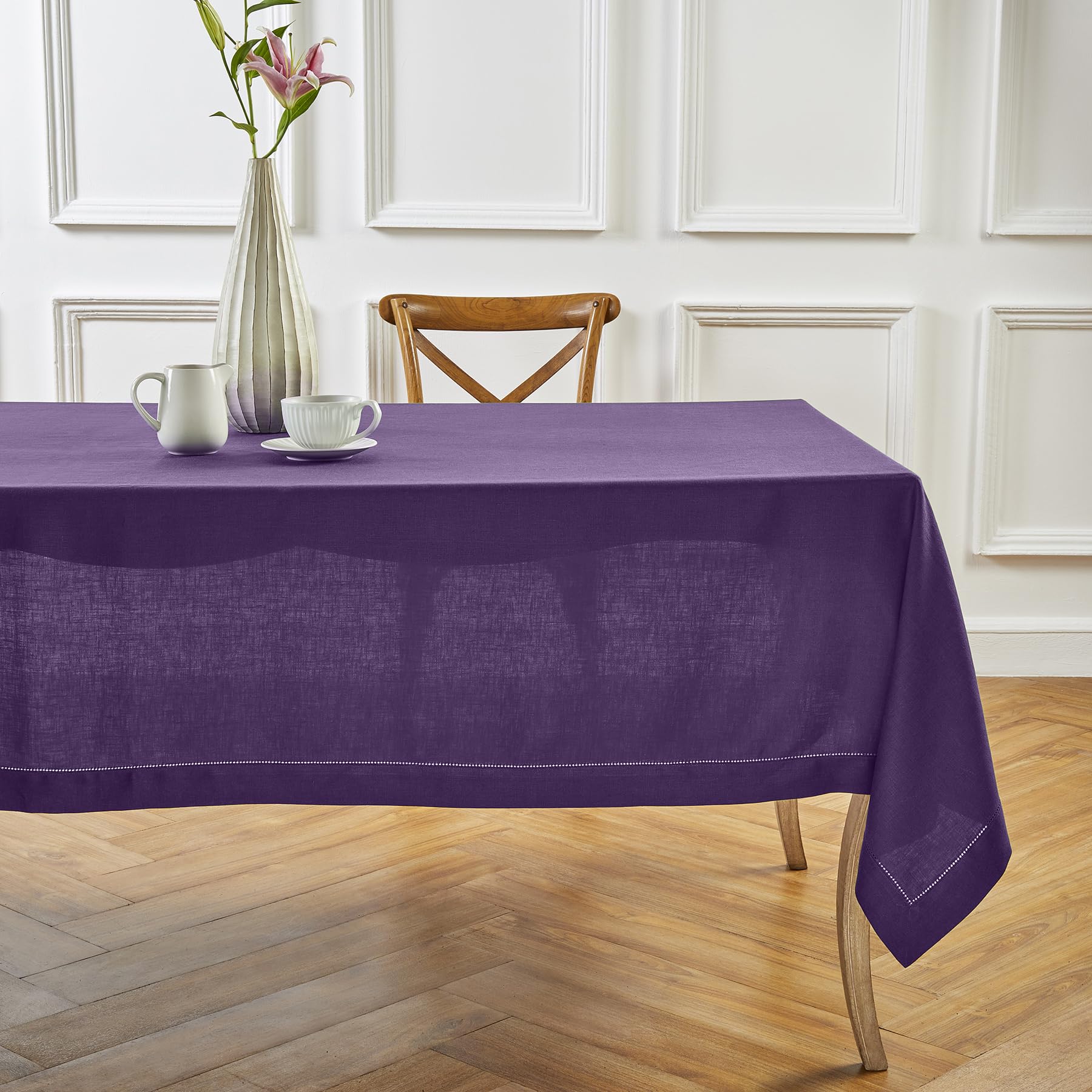 Solino Home Linen Purple Tablecloth 54 x 72 Inch - Classic Hemstitch, 100% Pure Linen Rectangular Tablecloth - Machine Washable Table Cloth for Mothers Day, Spring, Summer