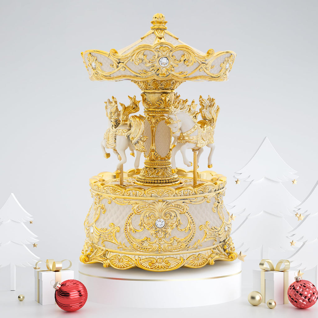 Carousel Music Box Gold & Ivory 8.7" Rotate Christmas Music Box for Kids & Adults, Classic Wind up Cylinder Music Box Valentines Day Gifts for Women Girls Mom Carousel Horse Musical Lantern Home Decor