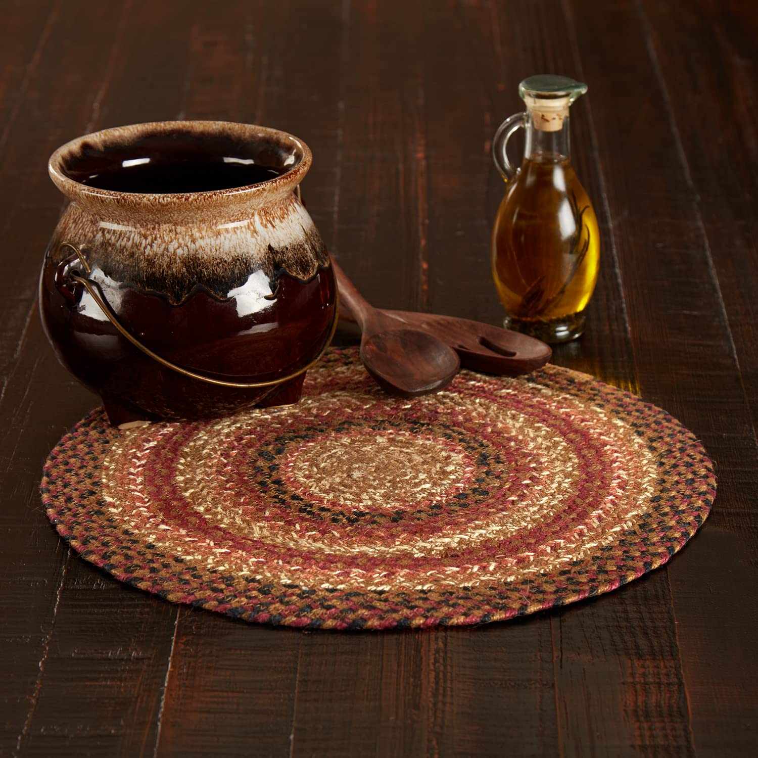 VHC Brands Ginger Spice Trivet Hot Pad for Pots Pans, Orange Red Natural, Jute Blend, Round Circle, 15 Inches