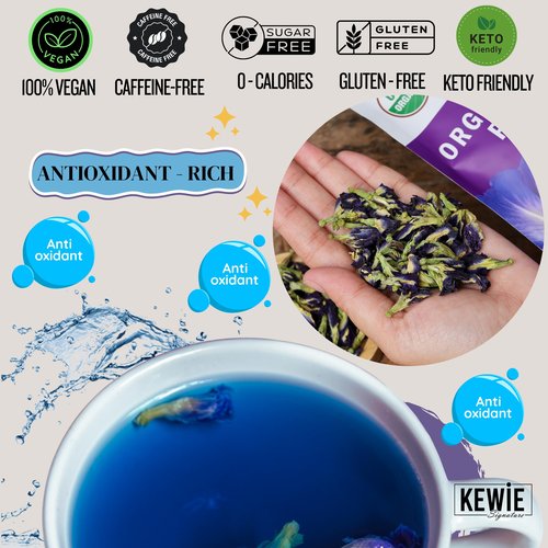 KEWIE Signature Butterfly Pea Flower Tea – 2oz Premium-Grade Blue Butterfly Pea Flower Organic Loose Leaf Tea – Caffeine-Free, USDA Organic – Natural Food Coloring – Vegan and Gluten-Free