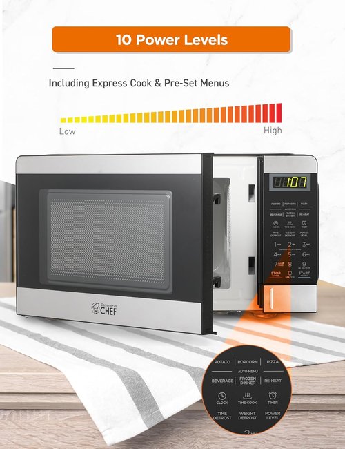 Commercial Chef 0.7 Cu Ft Microwave - 10 Power Levels, 700W, Digital Display, Stainless Steel