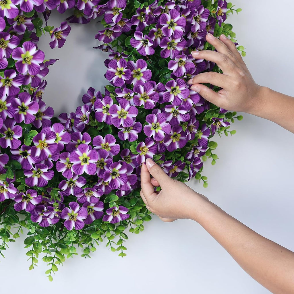 Skiennix 26" Large Artificial Eucalyptus Wreath - Realistic Faux Silk Morning Glory Flowers in Purple for Home, Farmhouse & Wedding Decor