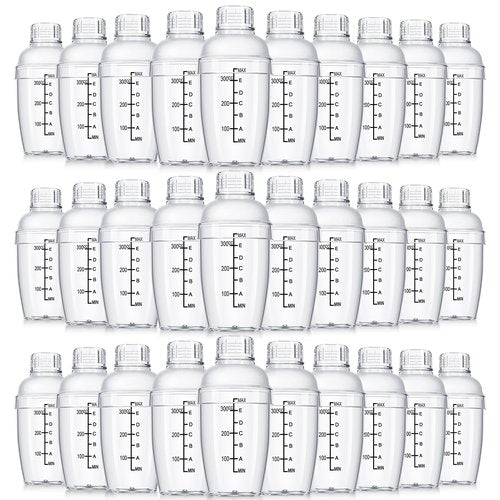 Lallisa 30 Pcs Plastic Cocktail Shaker Set Drink Mixer Clear Shaker Cup with Measurements Scales and Strainer Plastic Mixing Tool for Ice Tea Coffee Bar Bubble Milk Christmas Gift