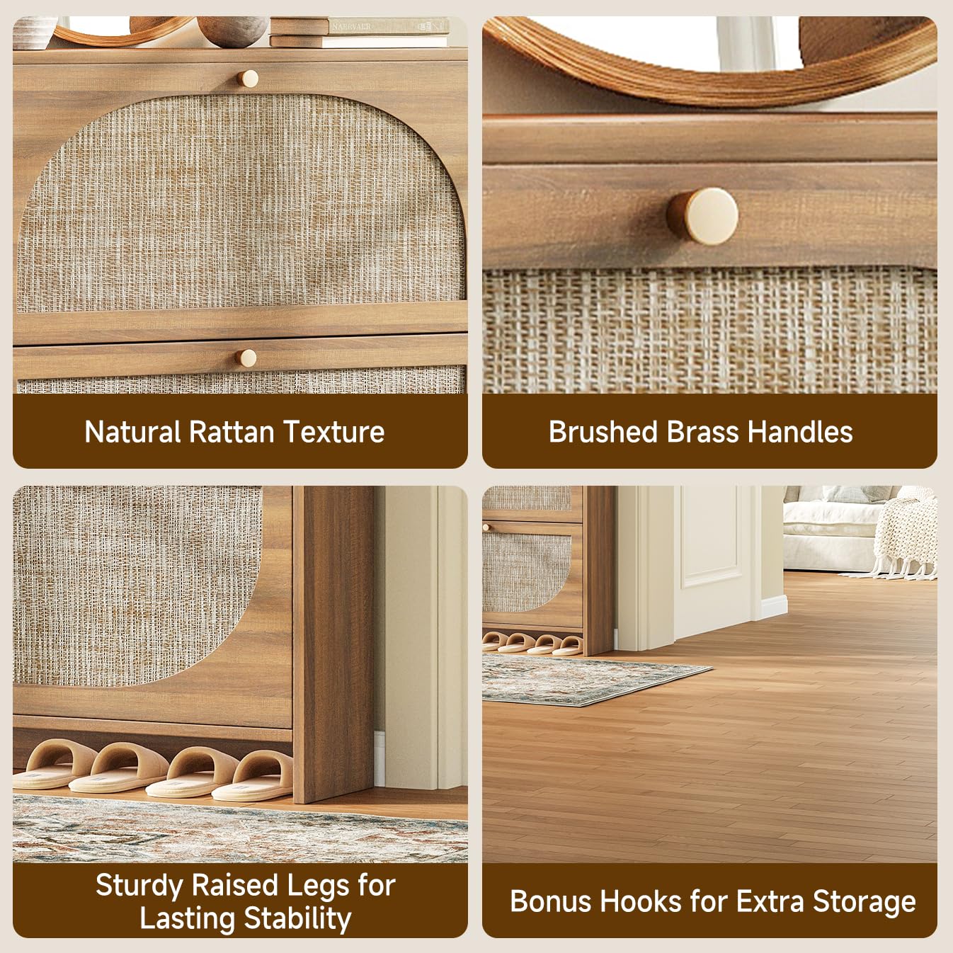 Nicetree Rattan Arched Accent Shoe Storage Cabinet - Freestanding Ultra Slim for Entryway, 2 Flip Drawers & 3-Tier Adjustable Shelves, Farmhouse Modern Rustic Shoe Rack for Hallway, Foyer, Living Room