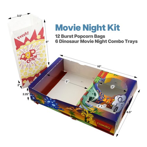 SNAPPY Dinosaur Movie Night Kit, 18 Pcs — 6 Kids Snack Trays with Cup Holder & 12 Burst Popcorn Bags, Disposable, Food-Safe, USA Made