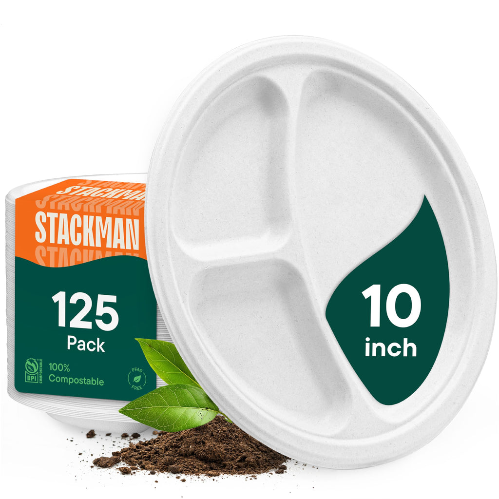 100% Compostable, 3 Compartment [10-Inch] Disposable Paper Plates [125-Pack] Sectional Lunch Trays + Dividers - Divided Platter Tray - Heavy Duty Biodegradable Bagasse (BPA-Certified) (PFAS-Free)