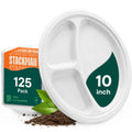 100% Compostable, 3 Compartment [10-Inch] Disposable Paper Plates [125-Pack] Sectional Lunch Trays + Dividers - Divided Platter Tray - Heavy Duty Biodegradable Bagasse (BPA-Certified) (PFAS-Free)