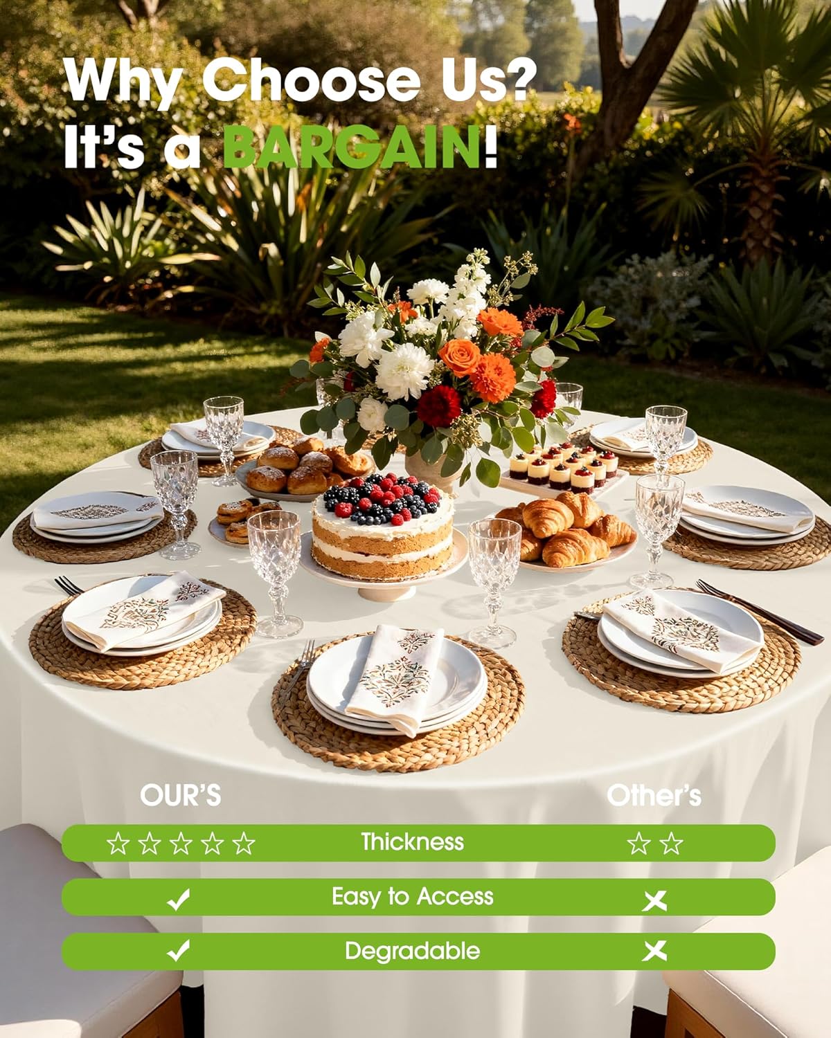 Pureegg Disposable Plastic Table Cloths - 84'' Round, Leakproof & Sturdy for Parties, Weddings, Thanksgiving | Beige & Cream