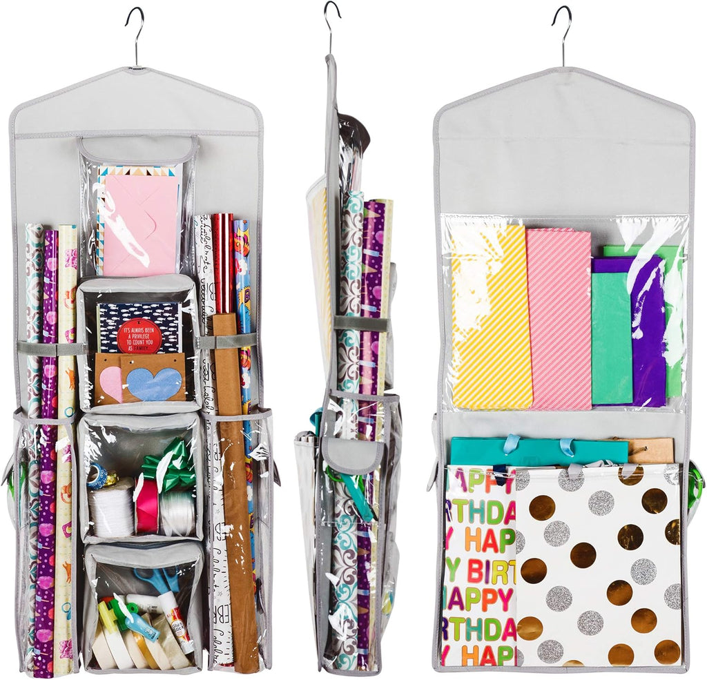 Skiennix Double-Sided Gift Bag & Wrap Organizer - Light Grey, Space-Saving Design