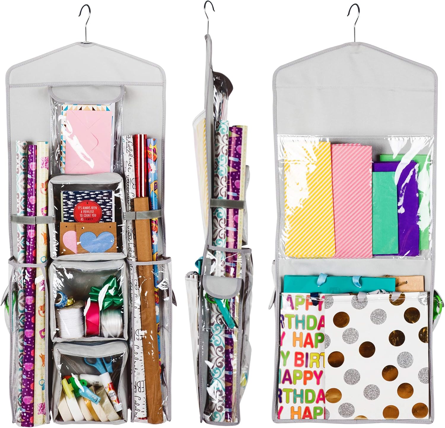 Skiennix Double-Sided Gift Bag & Wrap Organizer - Light Grey, Space-Saving Design
