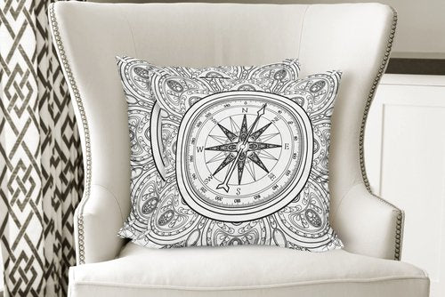Ambesonne Compass Decorative Throw Pillow Case Pack of 2, Hand Drawn Windrose in Line Art Style Nautical Illustration Coloring Book Design, Couch Bedroom Living Room Cushion Cover, 18", White Black
