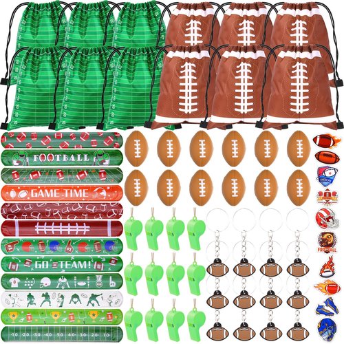 Justforjoyful 110 Pcs Football Party Favors for 12 Sets Football Party Supplies Drawstring Bag Backpack with Keychains Mini Football Stress Balls Slaps Bracelets Goodie Bag Stickers Presents Gift Set