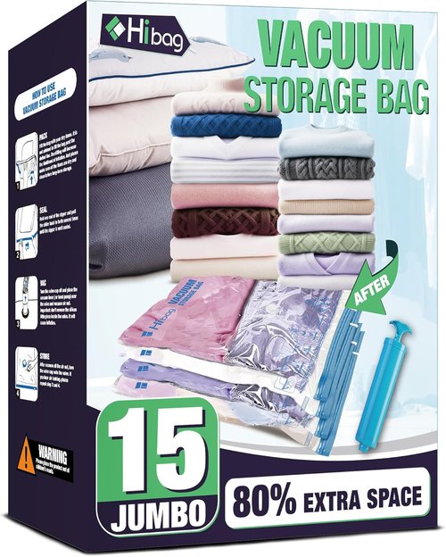 HIBAG Jumbo Vacuum Seal Bags - 15 Pack for Clothes, Comforters & Bedding Storage Solutions