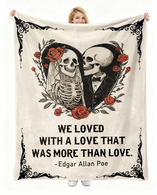 GSWSHJ “Edgar Allan Poe” Romantic Gothic Blanket for Couples - Skull Lovers Flannel Throw 60x50, Dark & Poetic Valentine‘s for Wife Husband, Unique Gift for Book Lovers