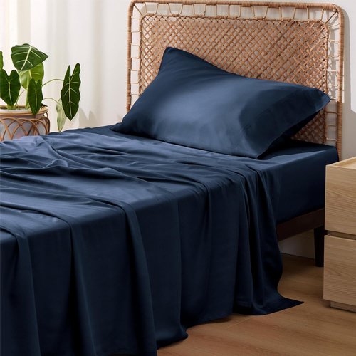 Bedsure Cooling Twin Sheets - Breathable Rayon from Bamboo, Soft & Silky, Deep Pocket Up to 16 Inches, Navy