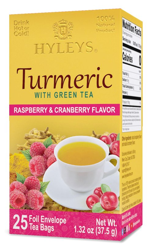 Hyleys Turmeric Green Tea - Green Tea with Turmeric Root - Raspberry & Cranberry Flavors - Herbal Tea Bags - 25 Individually Wrapped Tea Bags (12 Pack - 300 Tea Bags Total)