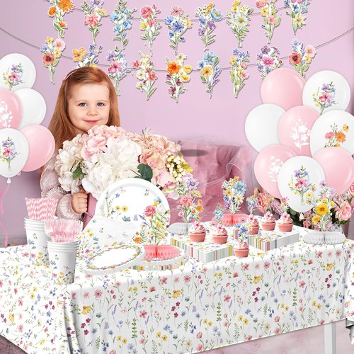 193Pcs Spring Wildflower Party Decorations Include Plates, Napkins, Cups, Balloons, Banner, Tablecloth, Cake Toppers, Honeycombs for Floral Birthday Baby Shower Party, Serve 24