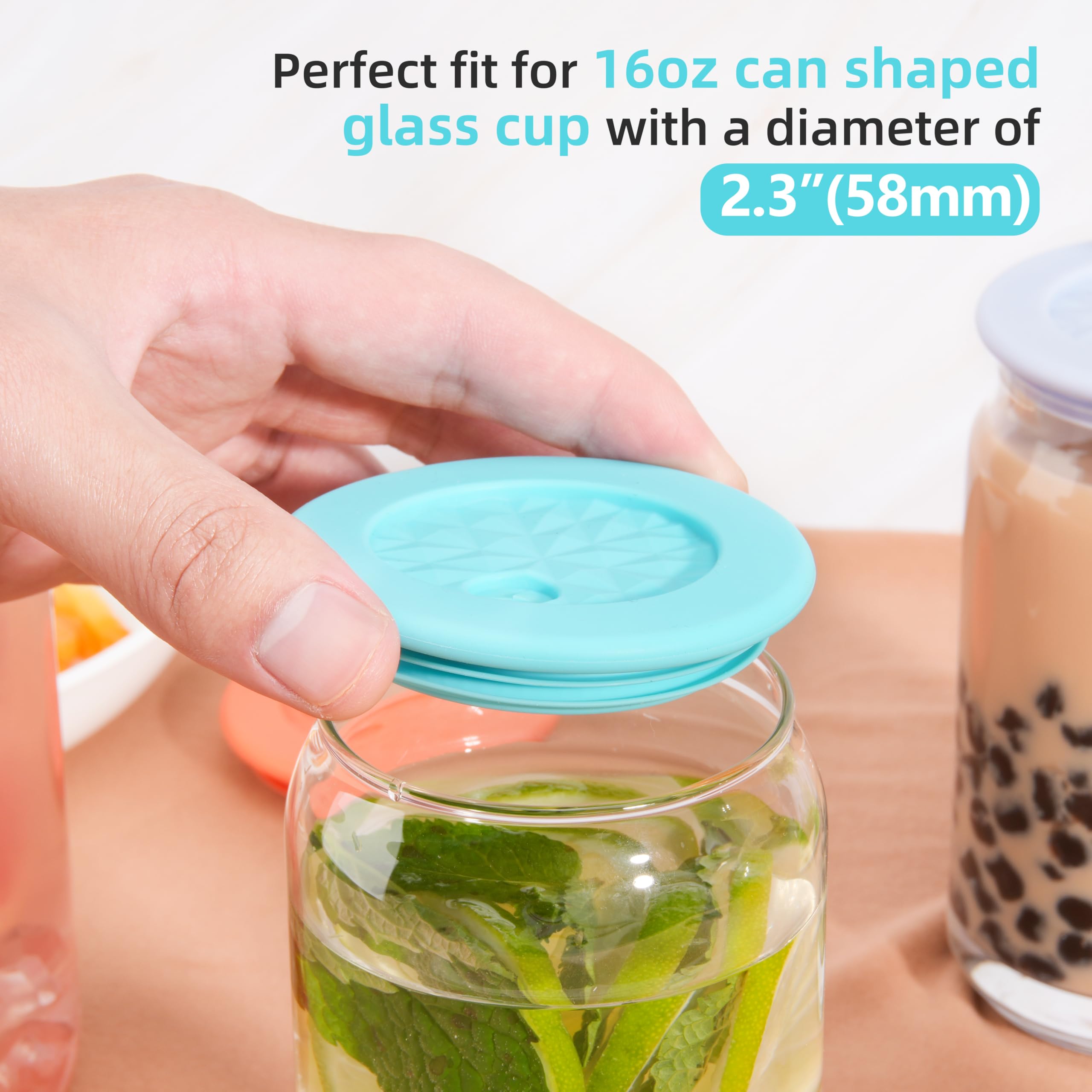 4 Pcs Silicone Lids Fit for Netany 16OZ Drinking Glass Cups with a diameter of 2.3"/58 mm, Replacement Lids for Beer Can Cups, Reusable Covers with Straw Hole for Glass Cups with Bamboo Lids