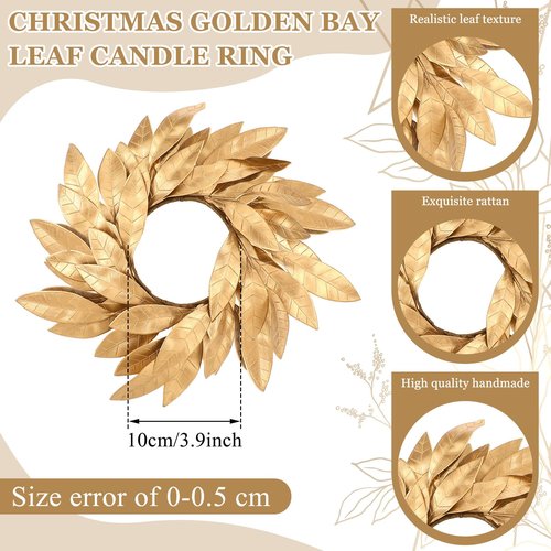 Domensi 2 Pcs Christmas Artificial Gold Bay Leaf Candle Rings Gold Bayleaf Candleholders Wreath for Pillar Candles 3.9 Inch Candles Holder for Christmas Rustic Table Centerpiece Decor