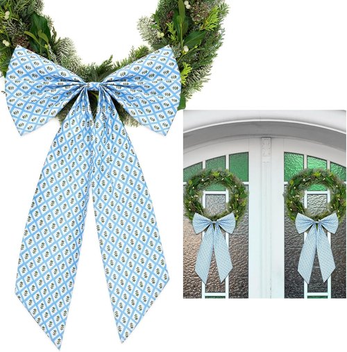 HunnmingRe Christmas Wreath Sash - 2 Pcs Blue & Green Block Print Burlap Bow | 24 x 16 Inch Indoor/Outdoor Decor