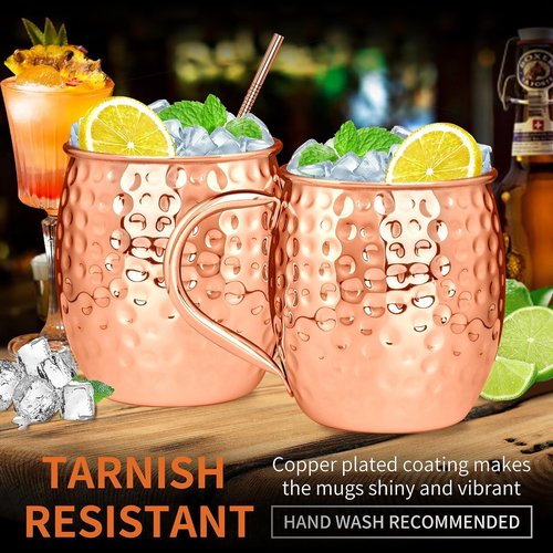 Moscow Mule Mugs 19oz Copper Plated Moscow Mule Mugs Set of 24 Bulk Large Hammered Stainless Steel Cups with Round Handle,1pcs 0.5oz Double Jigger, 24pcs Straws for Cold Chilled Drinks Cocktails