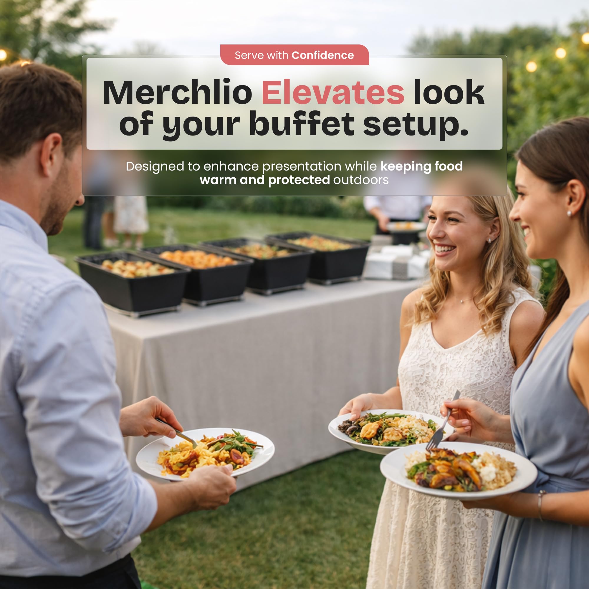 Chafer Wind Guard by Merchlio- 4 Pack | Handle Covered Chafer Dish Covers | Fitted, Washable & Elegant Buffet Decor | Functional Catering Wind Guard | Black