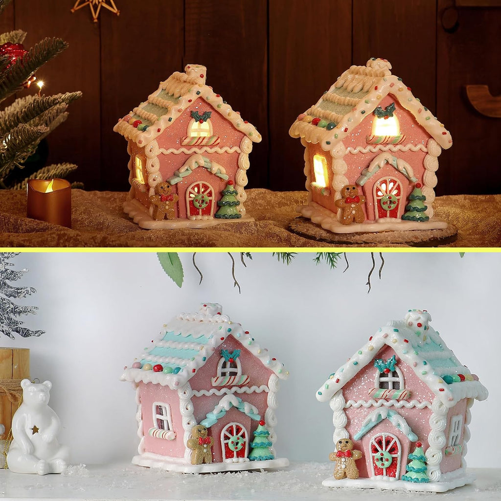 Regine Switzerland LED Gingerbread House Christmas Decorations - 5.9" Ornaments with Cookie & Pine Tree