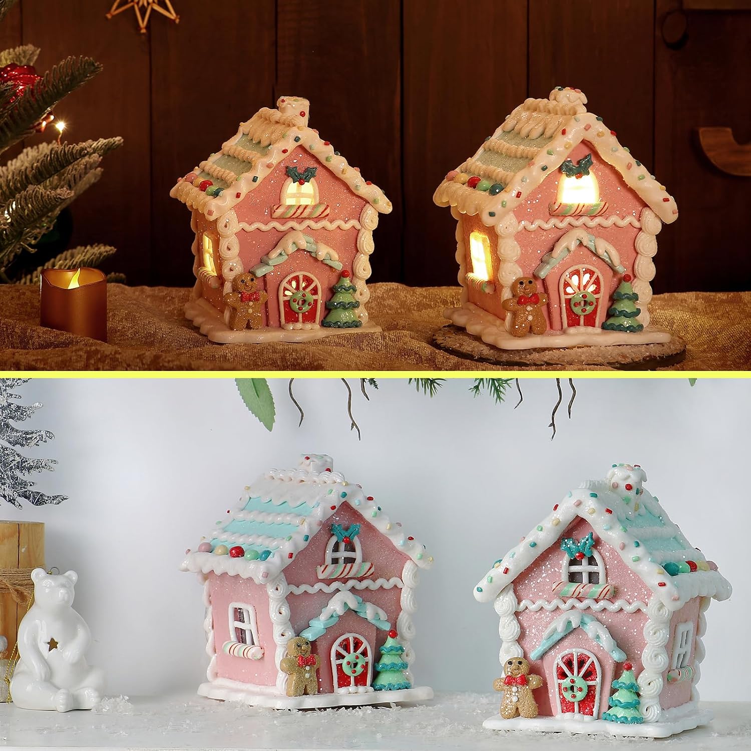 Regine Switzerland LED Gingerbread House Christmas Decorations - 5.9" Ornaments with Cookie & Pine Tree