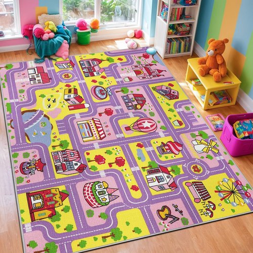 Capslpad Kid Rug for Playroom Purple Play Rug Traffic Road Car Play Mat 6.6x5.0 ft Educational Learning Area Rug Washable Kids Carpet for Children Girls Bedroom,Playroom,Nursery Room Decor