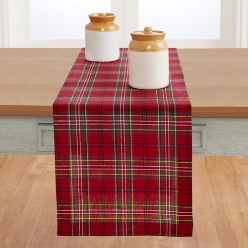 Solino Home Linen Table Runner 108 Inches Long - 100% Pure Linen Red Classic Tartan Plaid Table Runner 14 x 108 Inch for Dining