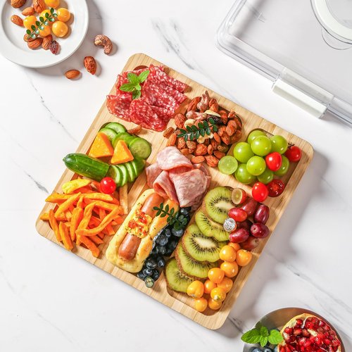 Charcuterie Board with Clear Locking Lid and Handle, 6 Compartment Bamboo Cheese Board Snackle Box, Portable Cutting Board for Snacks, Fruits&Meats, Ideal Gift for Parties, Birthday& House Warming