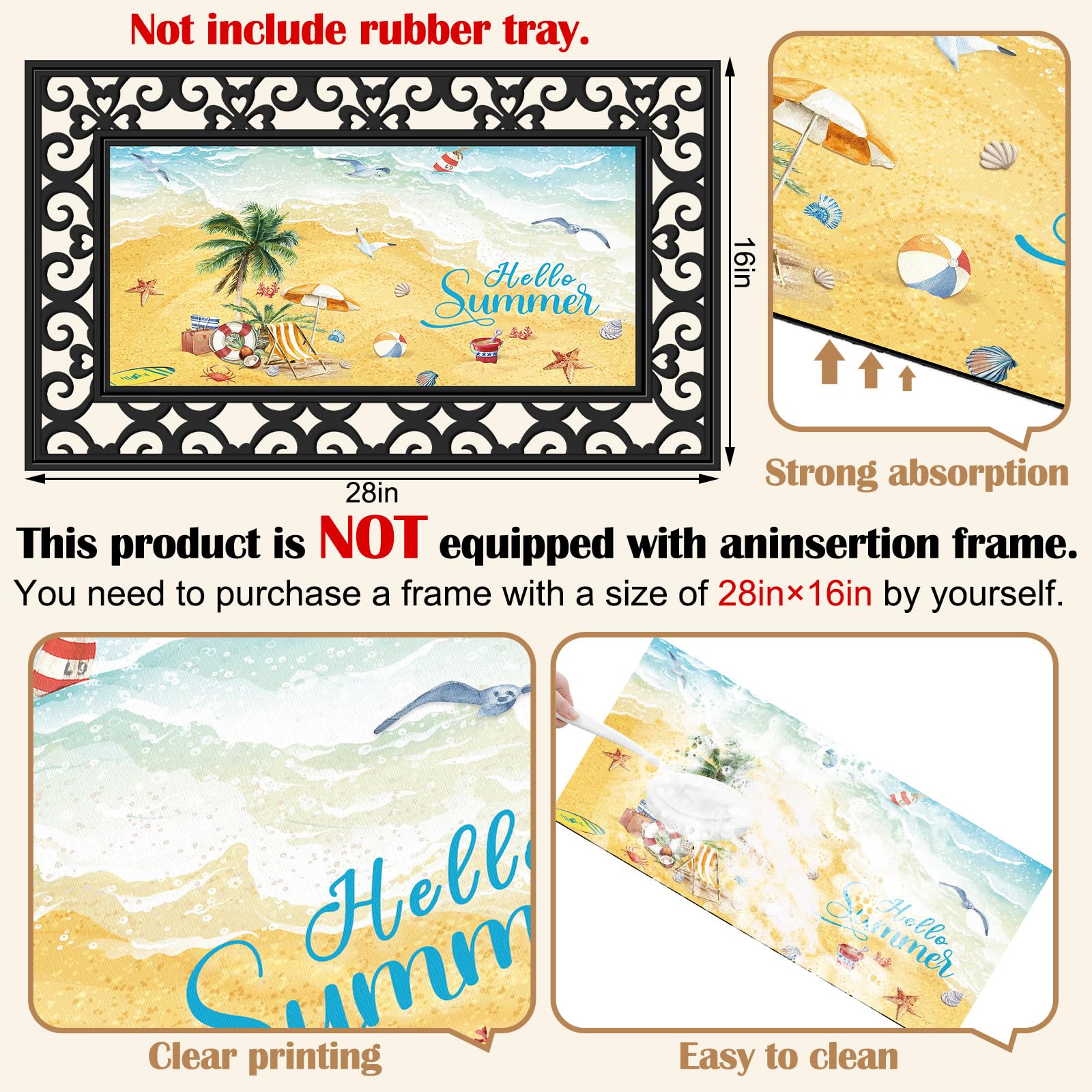 Nuanchu Seasonal Door Mat Interchangeable Doormat Inserts Entrance Welcome Mats 22 x 10 Inches Non Slip Mats Gifts for Front Door 4th of July Summer Decoration (No Frame)(Vivid)
